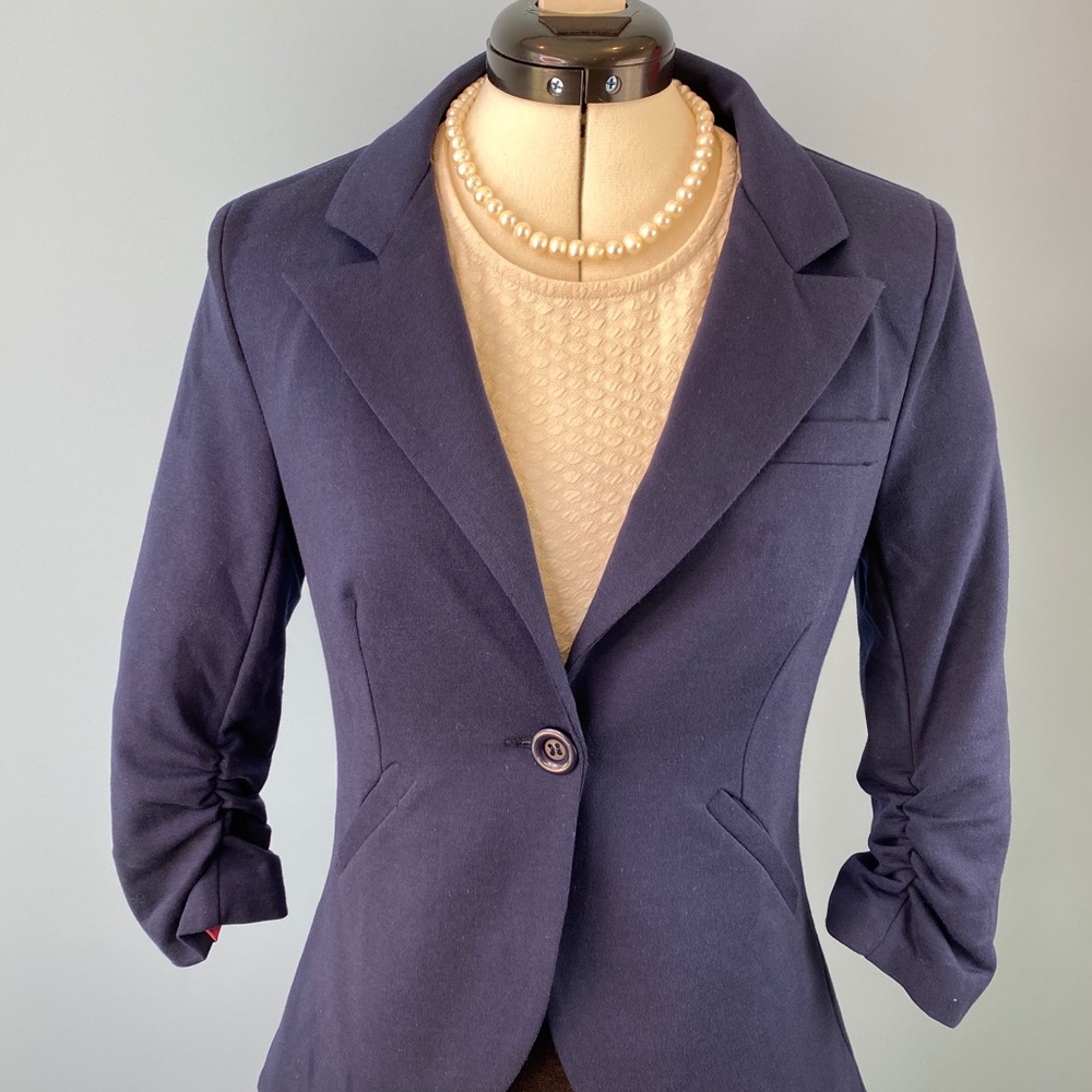 ModCloth, Navy, jersey knit, 3/4 sleeve blazer
